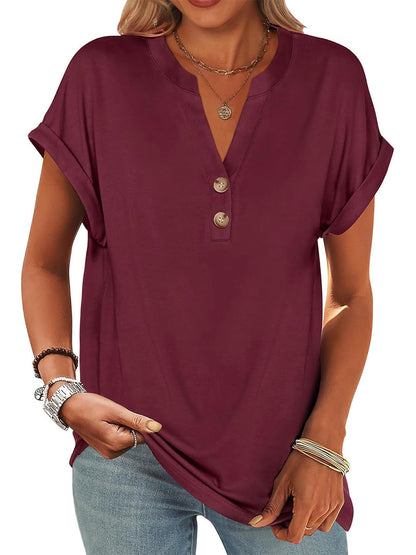 Women's V Neck Button Casual Loose Fit Short Sleeve Henley Tops