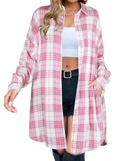 Women's Flannel Shirts Plaid Shacket Collared Long Jacket Coats