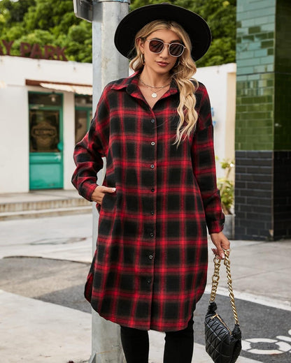 Women's Flannel Shirts Plaid Shacket Collared Long Jacket Coats