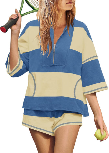 Women's Quarter Zip Color Block Top & Shorts Matching Set