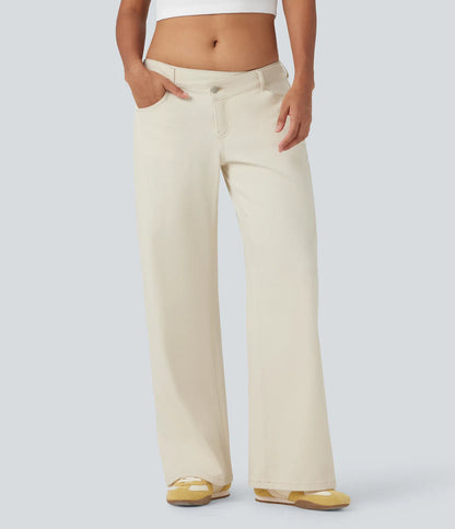 Asymmetric Low Rise Zipper Pockets Baggy Wide Leg Washed Casual Jeans