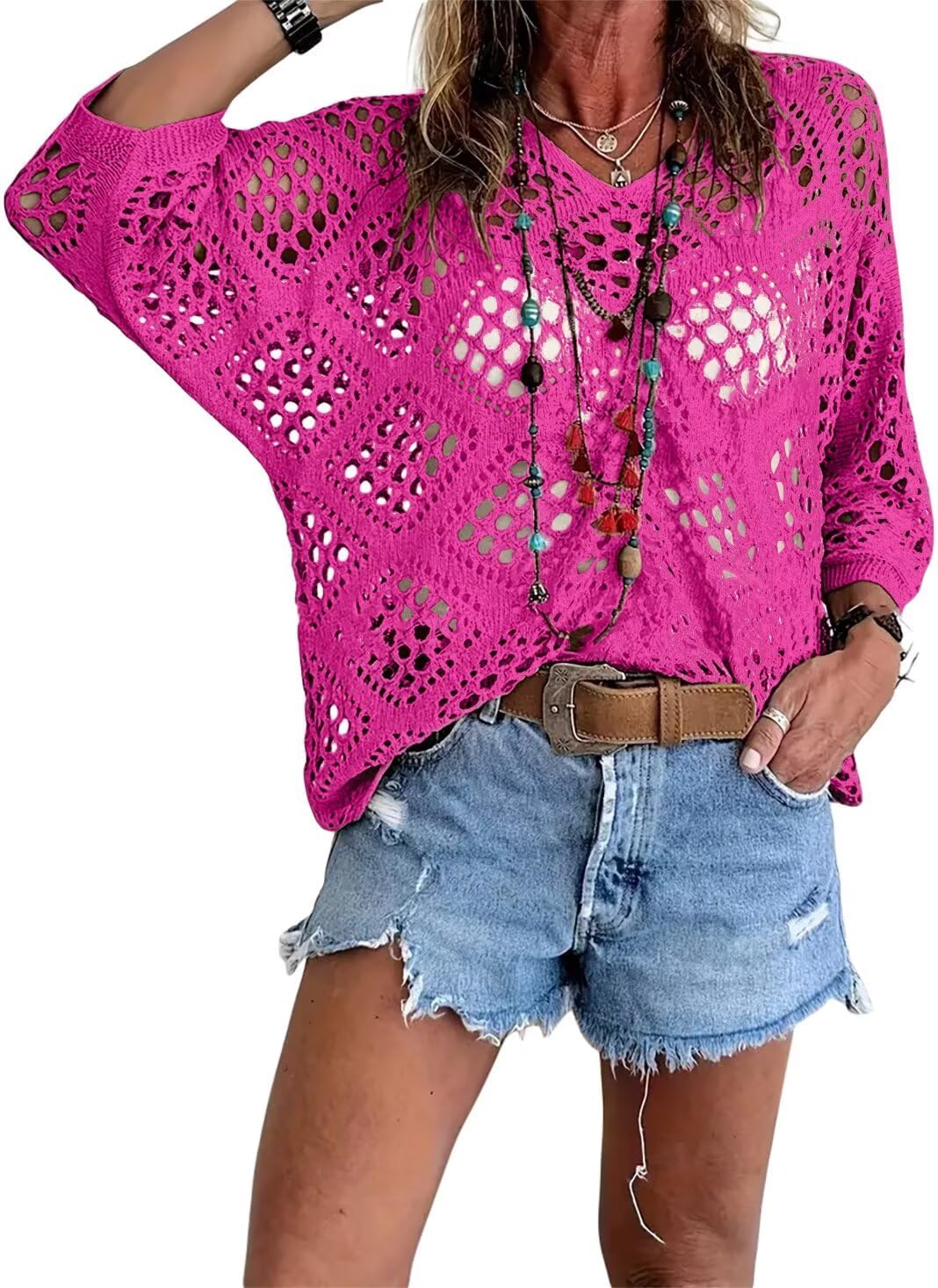🔥Women's Casual V-Neck Hollow Crochet Cover-Up Short Sleeve Top