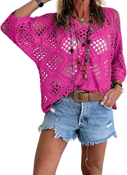 🔥Women's Casual V-Neck Hollow Crochet Cover-Up Short Sleeve Top