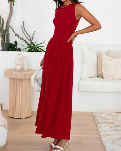 Women's Solid Color Sleeveless Waist Pleated Design Dress with Pockets