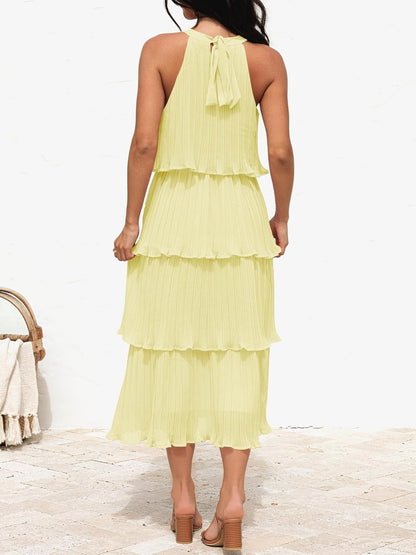 Women's Summer Halter Neck Ruffle Tiered Layered Chiffon Flowy Swing Midi Dress