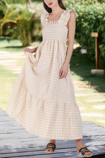 Women's Retro Plaid Smocked Dress Spaghetti Strap Flounce Long Dress With Pockets
