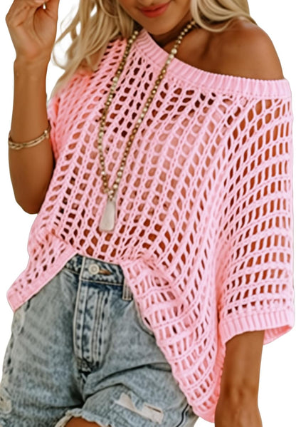 Womens Casual Short Sleeve Hollow Out Pullover Knit Tops