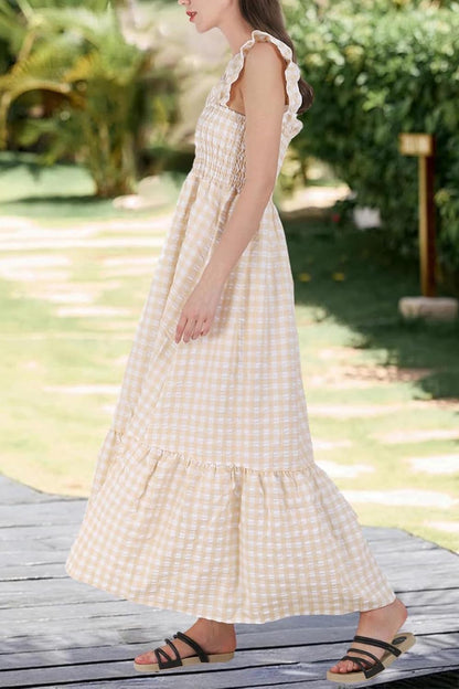 Women's Retro Plaid Smocked Dress Spaghetti Strap Flounce Long Dress With Pockets