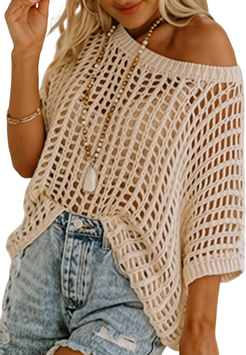 Womens Casual Short Sleeve Hollow Out Pullover Knit Tops