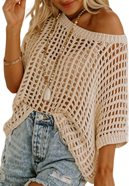Womens Casual Short Sleeve Hollow Out Pullover Knit Tops
