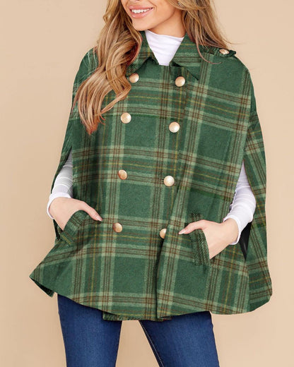 Women's Plaid Double Breasted Winter Cape Turn Down Poncho Coats(Buy 2 Free Shipping)