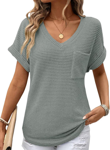 Women's Oversized Waffle V Neck Short Sleeve Casual Top