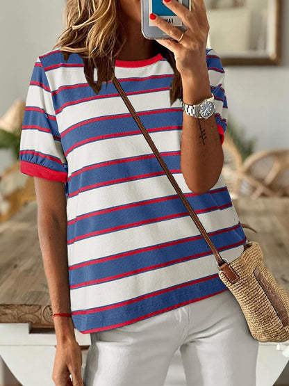 Women's Striped Color Block Short Sleeve T-Shirts Casual Loose Basic Tee
