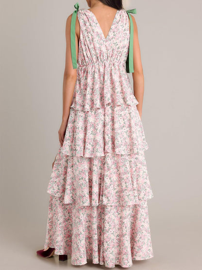 Women's Boho Floral Tie Strap V Neck Ruffle Tiered Maxi Dress