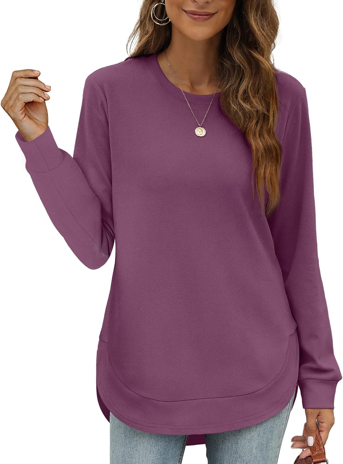 Womens Sweatshirt Crewneck Long Sleeve Shirts Tops Curved Hem