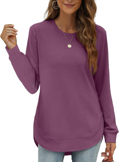 Womens Sweatshirt Crewneck Long Sleeve Shirts Tops Curved Hem