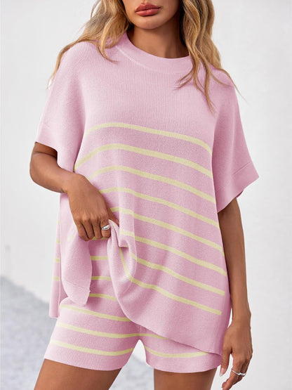 Women's Striped 2-Piece Oversized Batwing Sleeve Short Sleeve Top and Shorts Set