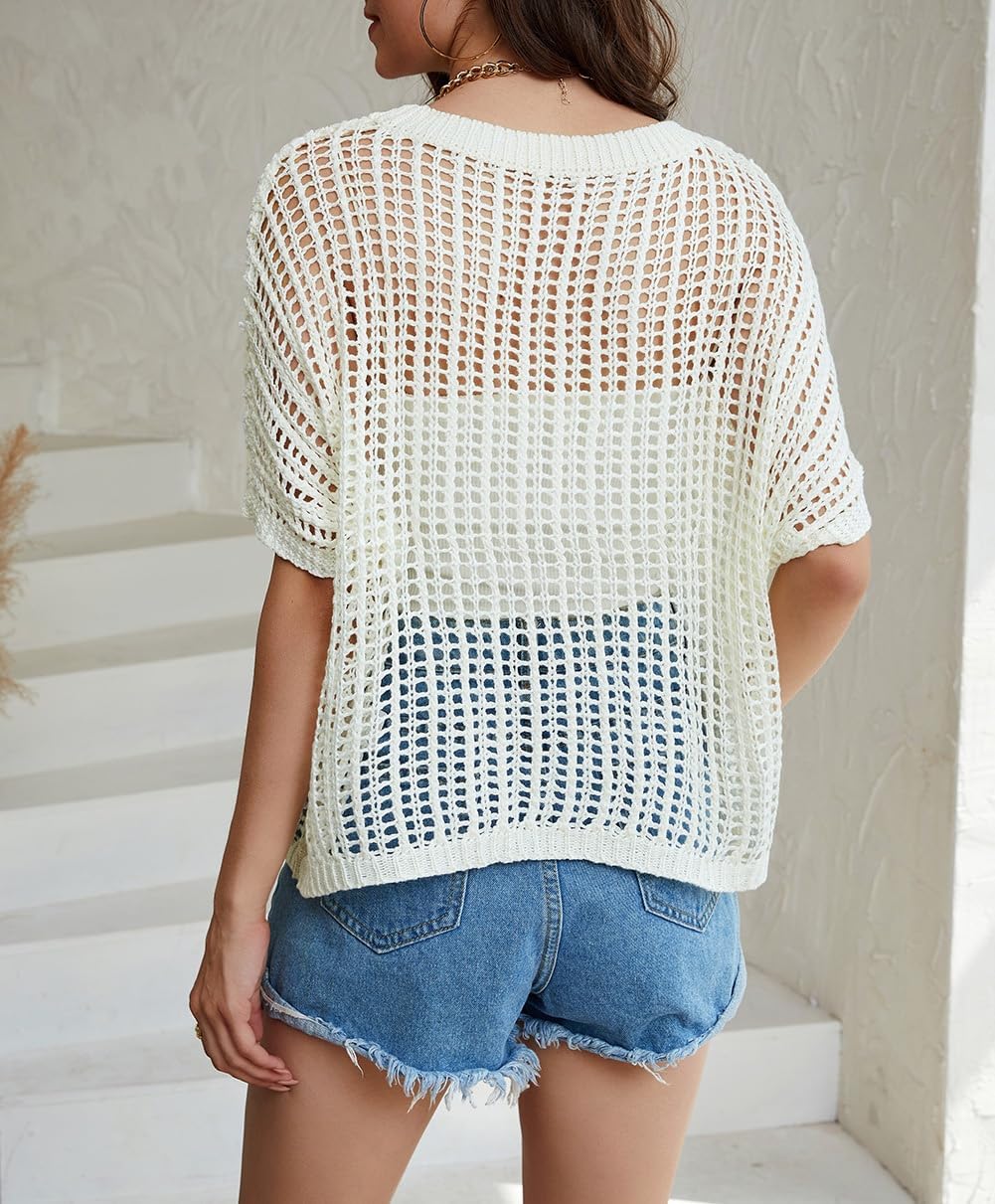 Womens Casual Short Sleeve Hollow Out Pullover Knit Tops