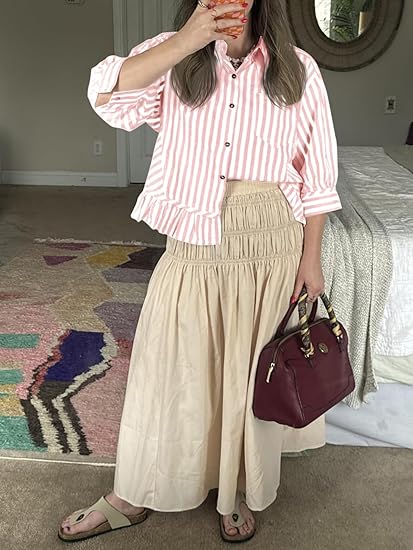 Women's 3/4 Length Sleeve Striped Button Down Shirt Ruffle Hem Blouses Top