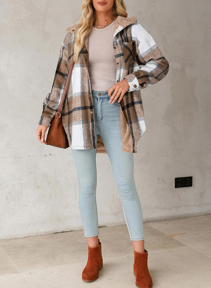 🔥Women's Flannel Hooded Plaid Shacket Thick Coat Fuzzy Fleece Jacket
