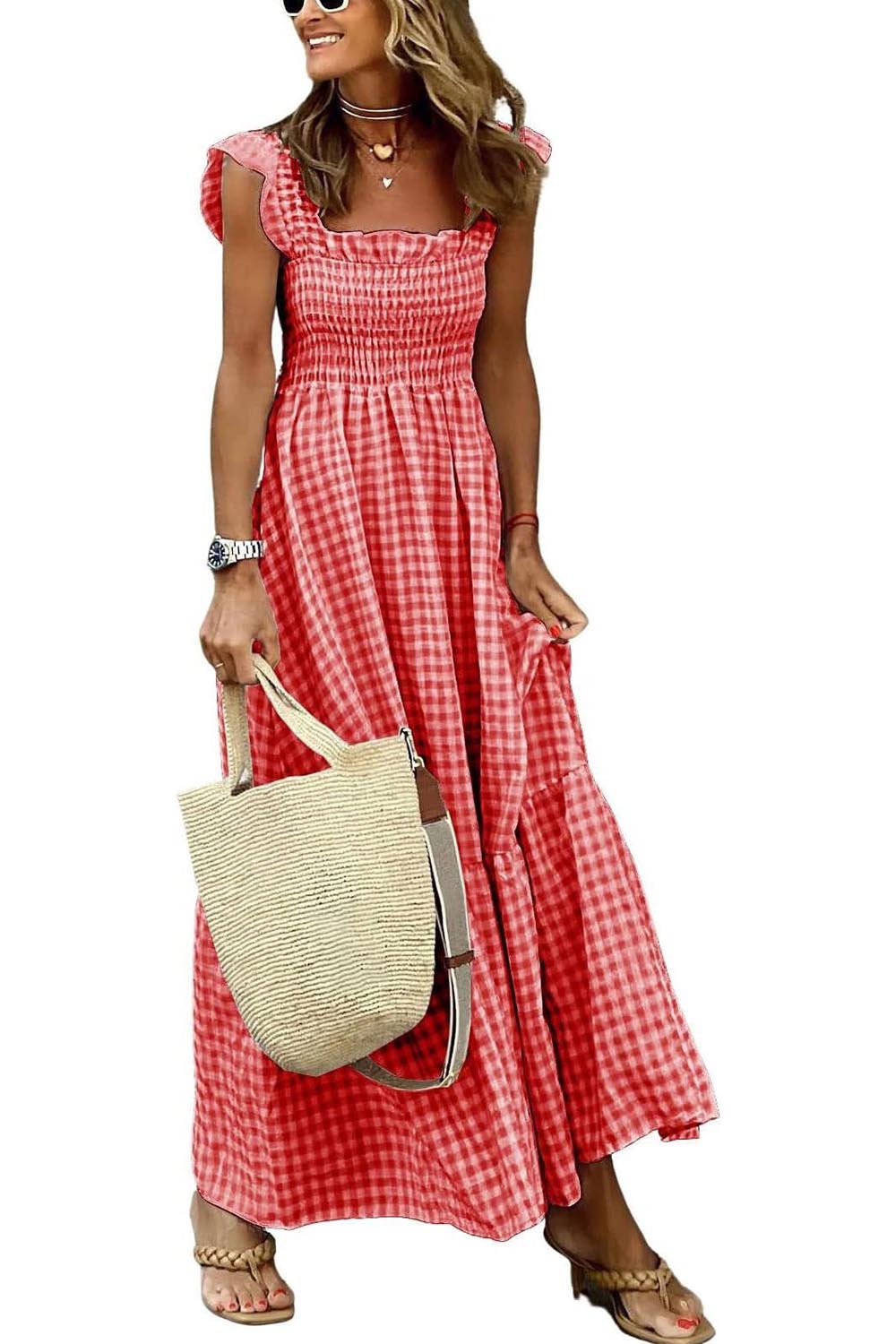 Women's Retro Plaid Smocked Dress Spaghetti Strap Flounce Long Dress With Pockets
