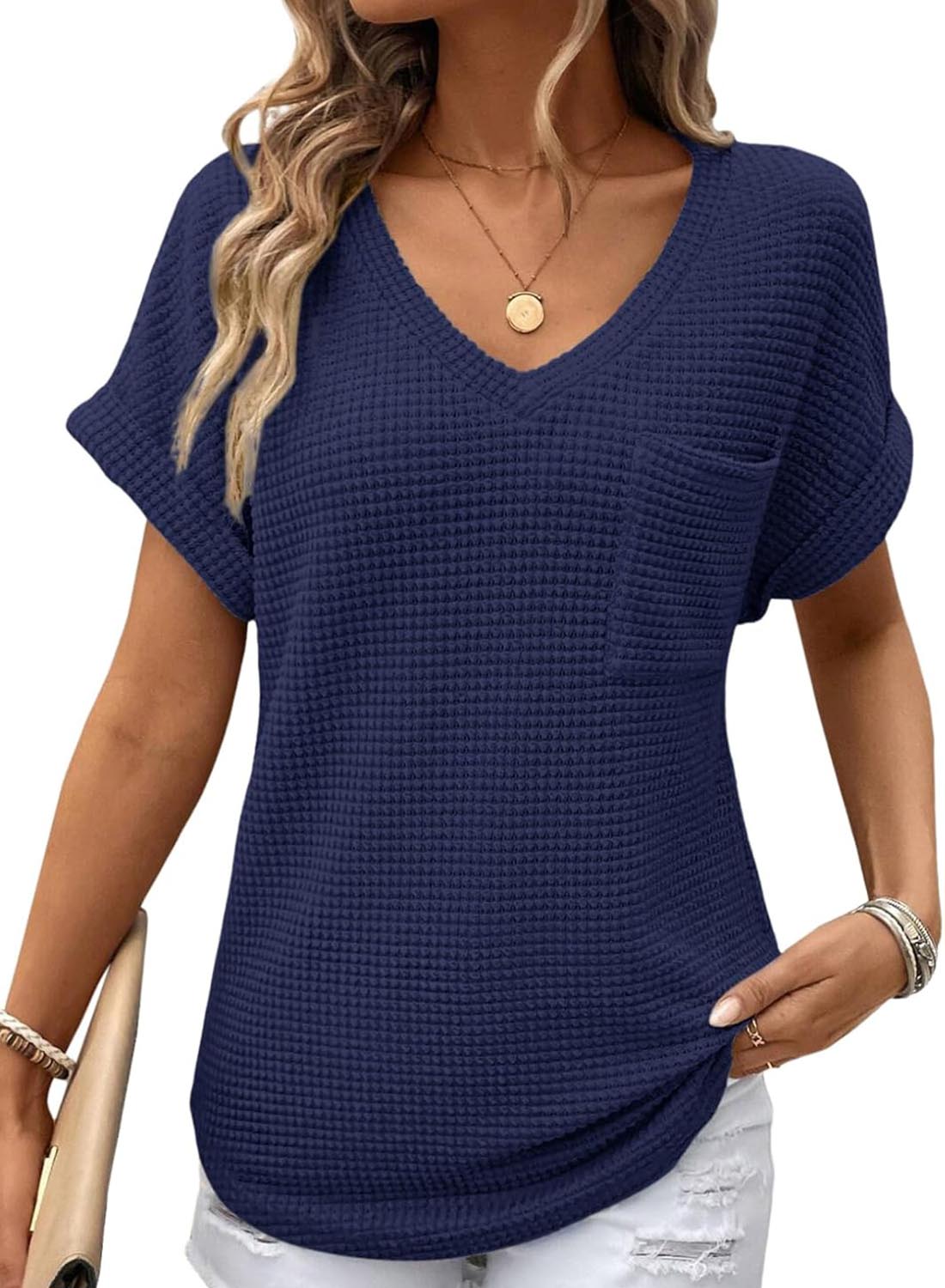 Women's Oversized Waffle V Neck Short Sleeve Casual Top