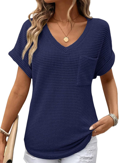Women's Oversized Waffle V Neck Short Sleeve Casual Top