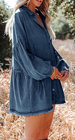 Women's Oversized Distressed Denim Button Down Shirt Flowy  Tunic Dress  with Pockets