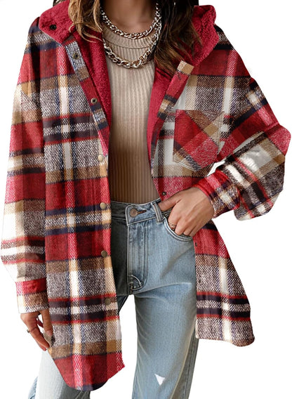 🔥Women's Flannel Hooded Plaid Shacket Thick Coat Fuzzy Fleece Jacket