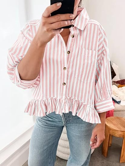 Women's 3/4 Length Sleeve Striped Button Down Shirt Ruffle Hem Blouses Top