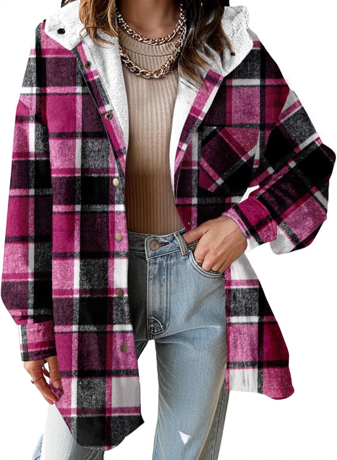 🔥Women's Flannel Hooded Plaid Shacket Thick Coat Fuzzy Fleece Jacket