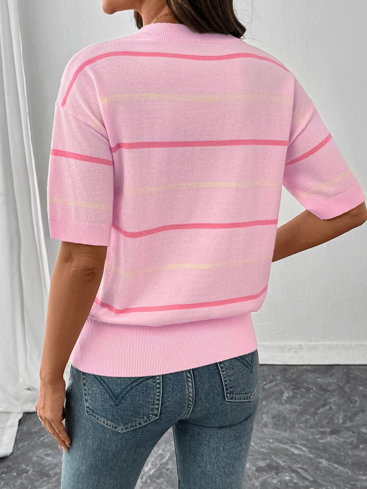 2026 Womens Tops Crewneck Short Sleeve Sweater Pullover Knit Striped Shirt