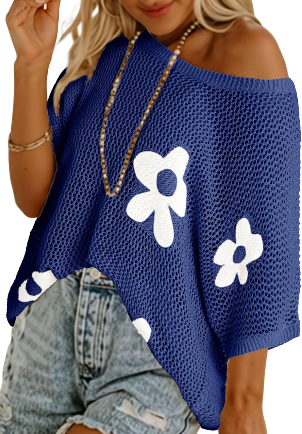 Womens Floral Cute Tops Short Sleeve Crochet Cover Ups Knit Sweater Pullover
