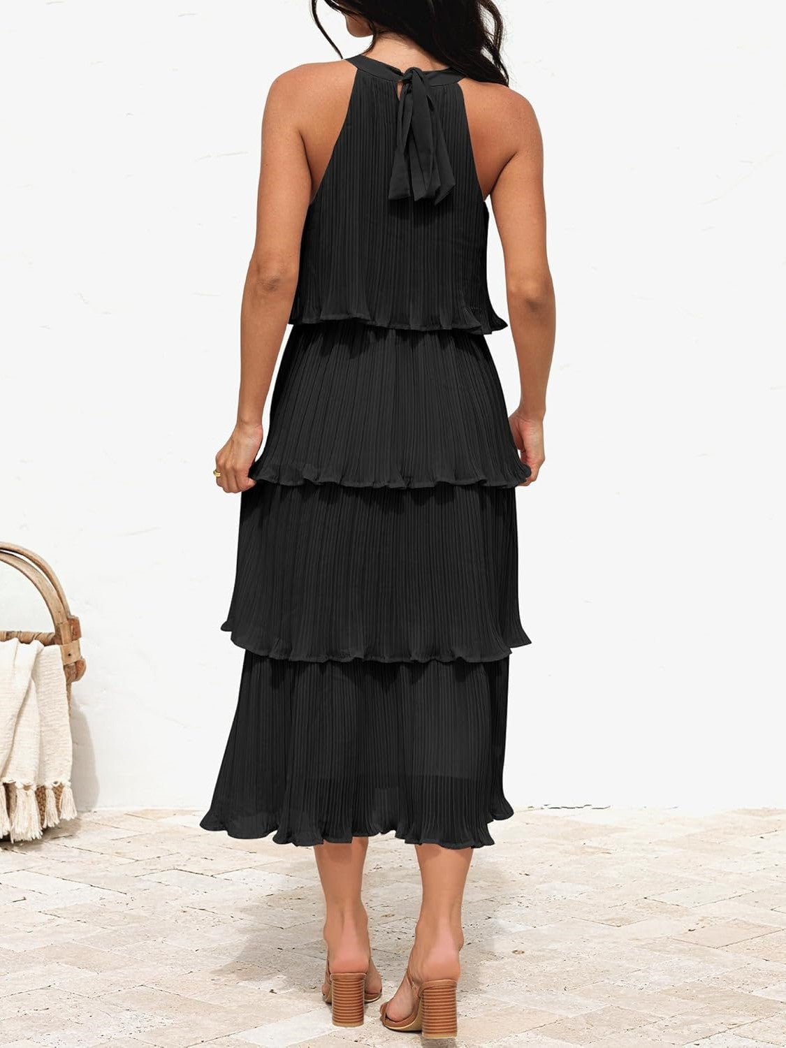 Women's Summer Halter Neck Ruffle Tiered Layered Chiffon Flowy Swing Midi Dress
