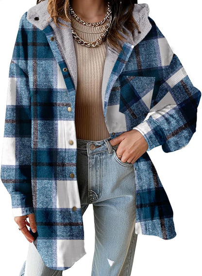 🔥Women's Flannel Hooded Plaid Shacket Thick Coat Fuzzy Fleece Jacket