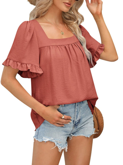 🔥Women's Sqaure Neck Ruffle Sleeve Blouses Peplum Tops