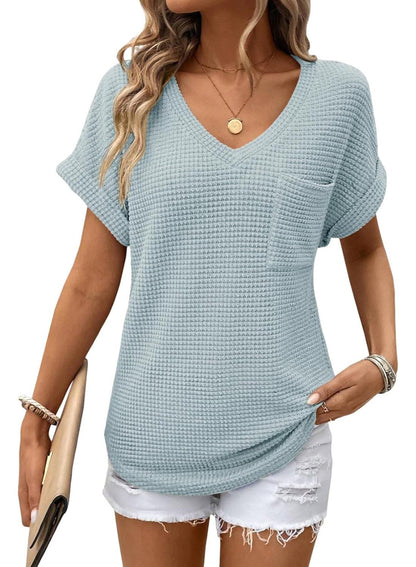 Women's Oversized Waffle V Neck Short Sleeve Casual Top