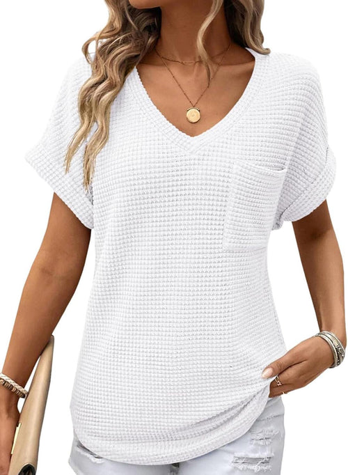 Women's Oversized Waffle V Neck Short Sleeve Casual Top