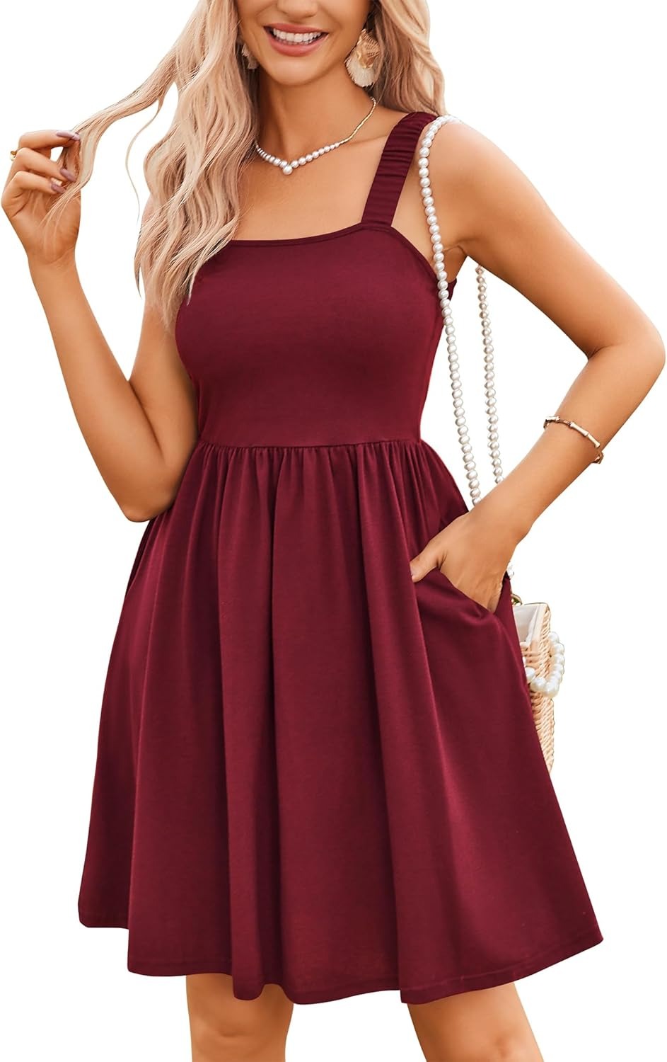 Women's Summer Square Neck A-Line Mini Dress with Pockets