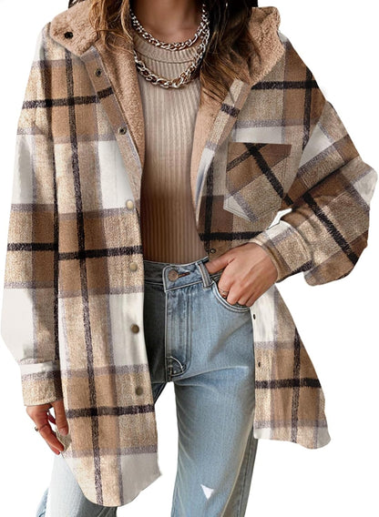 🔥Women's Flannel Hooded Plaid Shacket Thick Coat Fuzzy Fleece Jacket