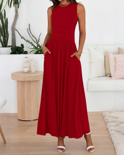 Women's Solid Color Sleeveless Waist Pleated Design Dress with Pockets