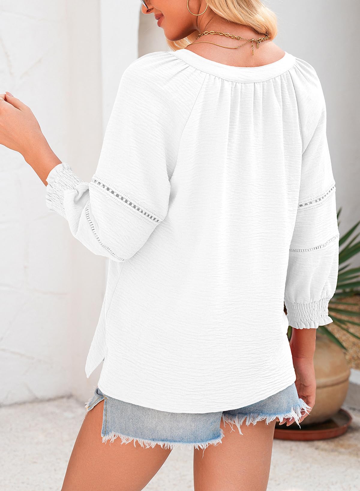 Womens Tops 3/4 Lantern Sleeve V-Neck  Pleated Loose Tunic Hollow-Out Blouse