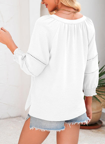Womens Tops 3/4 Lantern Sleeve V-Neck  Pleated Loose Tunic Hollow-Out Blouse