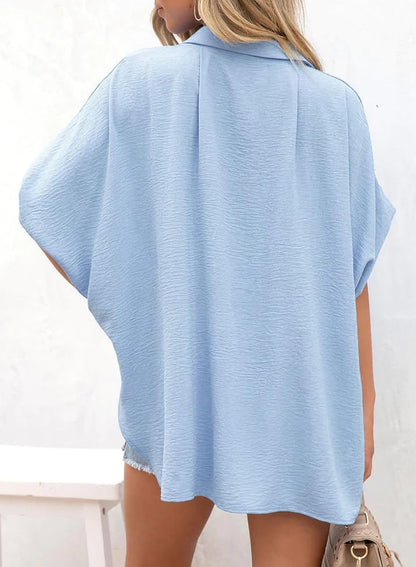 Women's Casual Button Short Sleeve Slit Hem Shirt Solid Color Tops