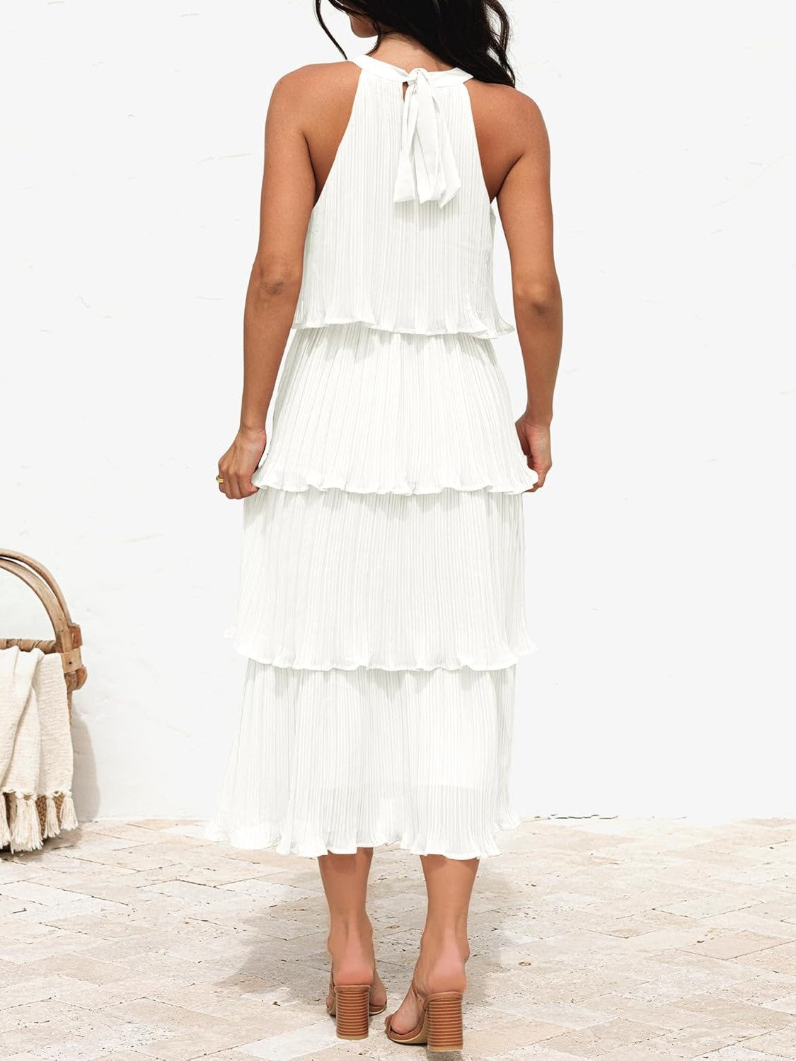 Women's Summer Halter Neck Ruffle Tiered Layered Chiffon Flowy Swing Midi Dress