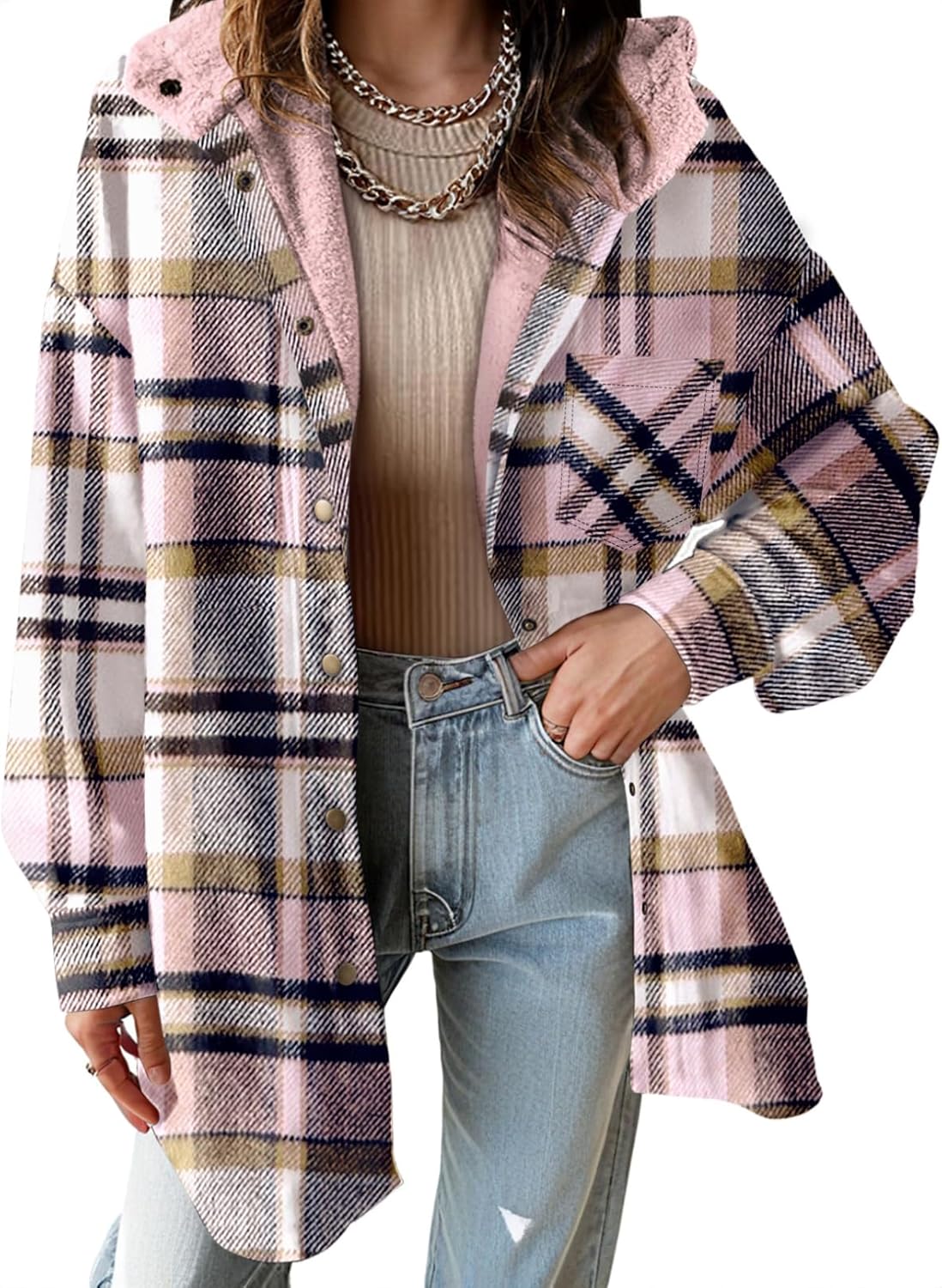 🔥Women's Flannel Hooded Plaid Shacket Thick Coat Fuzzy Fleece Jacket