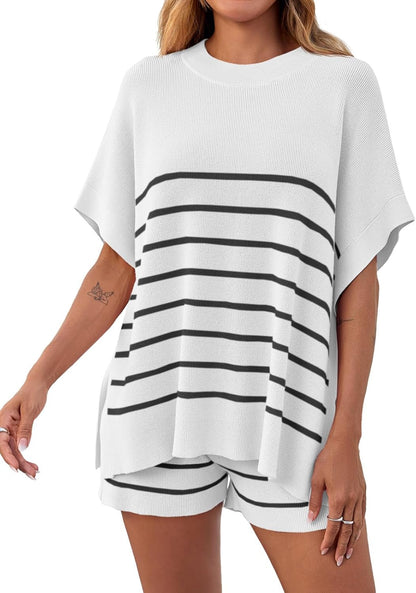 Women's Striped 2-Piece Oversized Batwing Sleeve Short Sleeve Top and Shorts Set