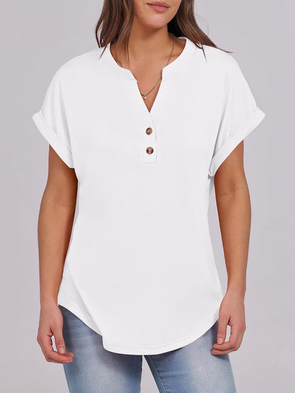 Women's V Neck Button Casual Loose Fit Short Sleeve Henley Tops