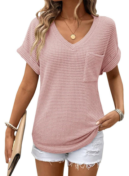 Women's Oversized Waffle V Neck Short Sleeve Casual Top