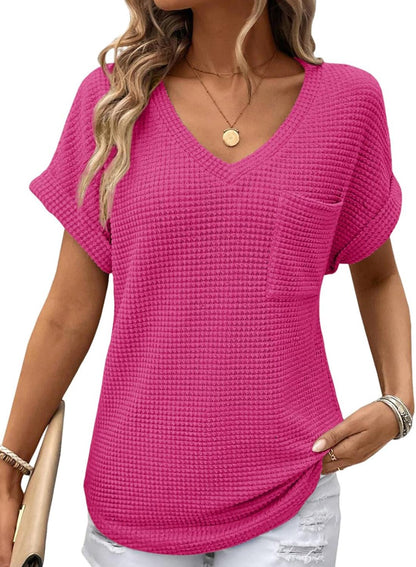 Women's Oversized Waffle V Neck Short Sleeve Casual Top